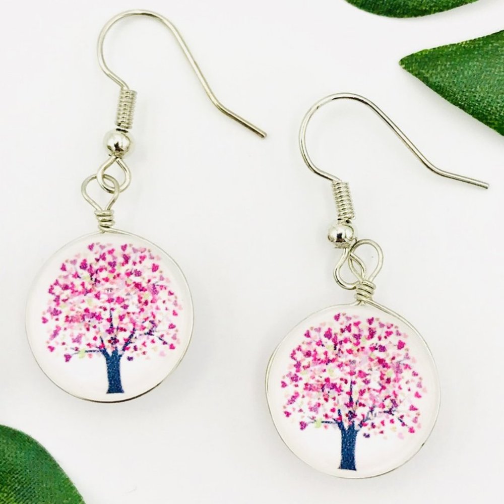 Tree of Life Silver & Pink Dangle Earrings
